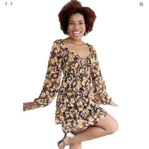 Feminine Floral Print Mini Dress - Black & Yellow